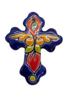 Talavera Crucifix Holy Cross Mexico Ceramic Art Hanging Wall Ornament Mini Blue